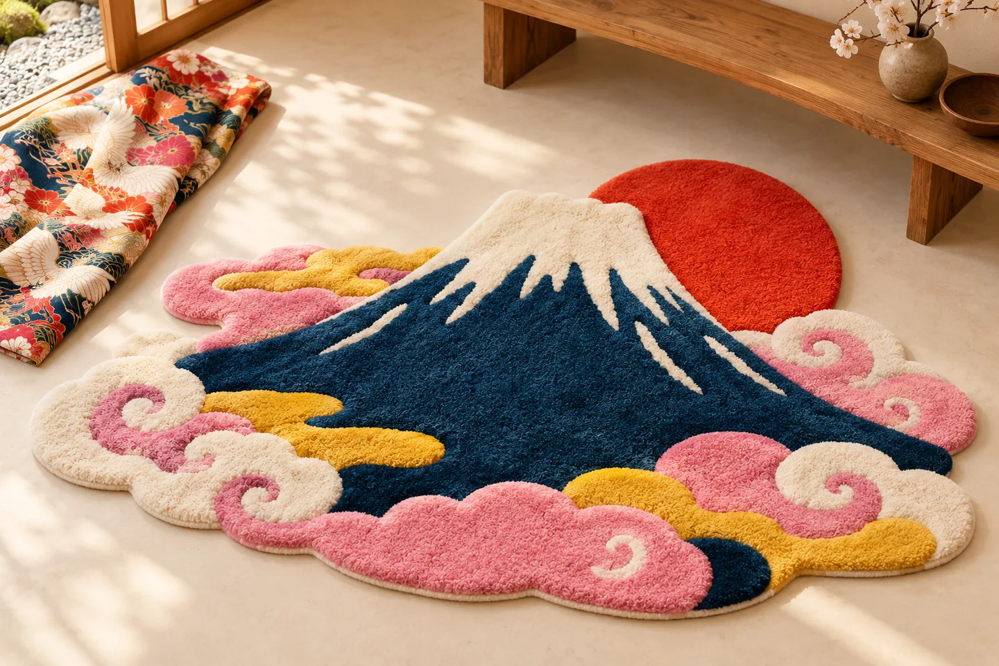 藍の富士山と朱色の太陽、桃色の雲を木の家具に合わせたラグのイメージ
