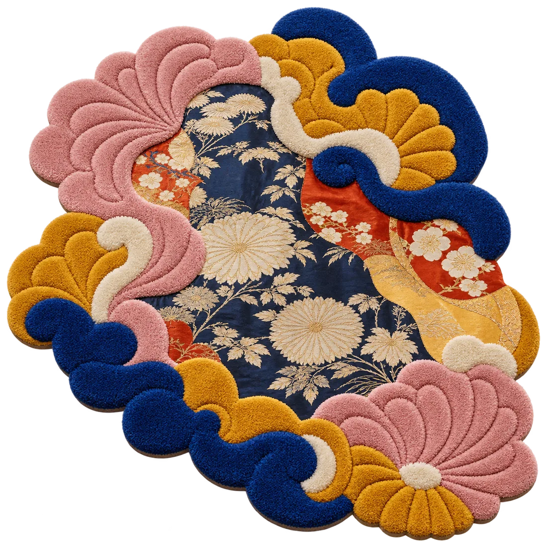 菊柄の着物生地を、藍・桃色・山吹色の毛糸で縁取った花のアートラグ