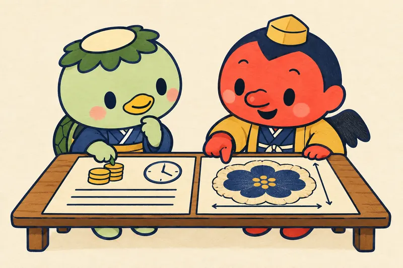 河童と天狗が、ラグの図案と見積もりを一緒に確かめる場面のイラスト