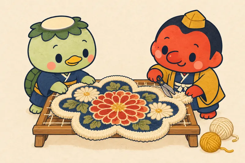 河童と天狗が協力し、着物柄のラグのふっくらした縁を仕上げる場面のイラスト