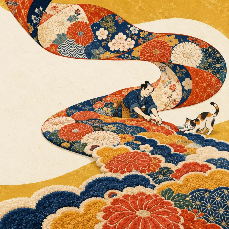 花柄の着物地から立体的なラグへ。布を広げる職人と、ラグで遊ぶ猫の江戸風イラスト